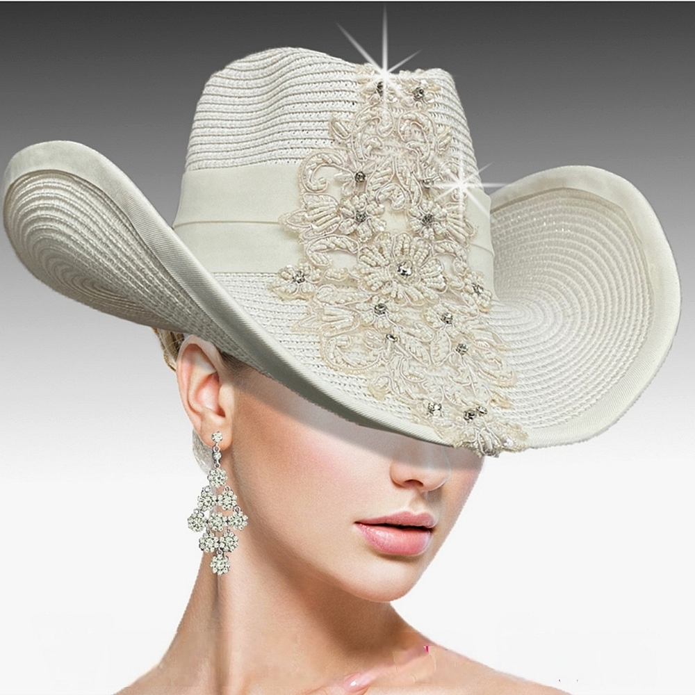 Exquisite Winter White Couture Handmade Pave Jeweled Beyoncé Inspired Cowboy Ha…